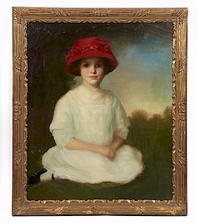 Katherine Moulton, Portrait of a girl in a red hat, oil on canvas