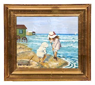 P. Vendelby, Digging for Clams, oil on canvas