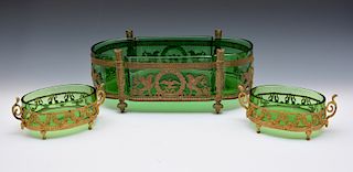 Set of three green glass and ormolu mounted Empire style bonbon dishes