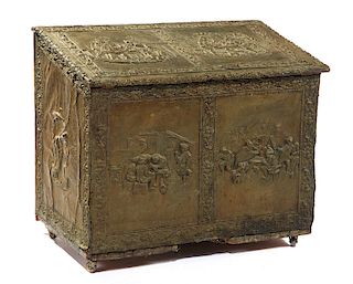 Oversized brass repousse wooden box, early 19th c.