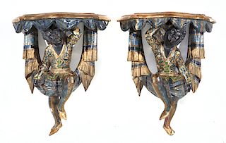 Pair of Venetian parcel gilt and paint decorated wall brackets