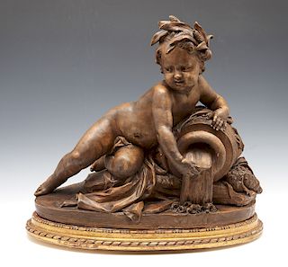 Monumental terra cotta cupid with carved wooden stand