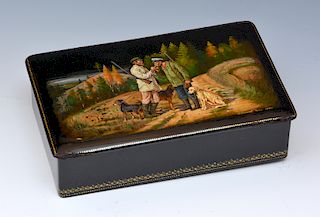 1939 Russian lacqured box with hand painted hunting scene