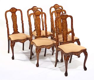 Six dutch rococo style marquetry inlaid side chairs