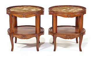 Pair of marble inset hardwood circular side tables