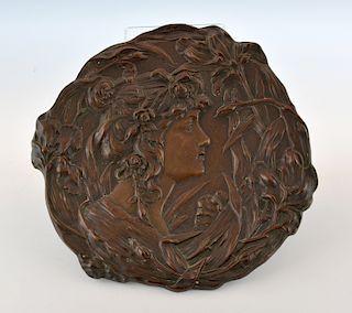 Bronze art nouveau plaque with figure of a woman