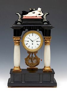 French pillar clock with recumbent figure