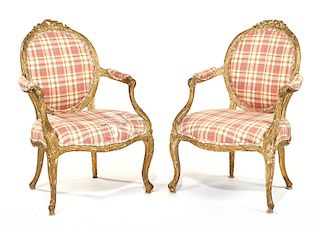 Pair of Louis XVI style giltwood fauteuils