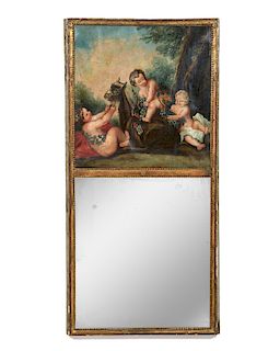 Louis XVI style parcel gilt and paint decorated trumeau mirror