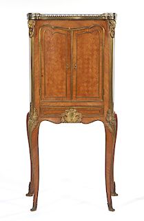 French two door bombe cabinet with marble top