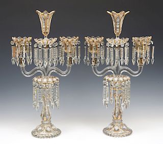 Pair of French etched, gilt and enameled glass girondoles