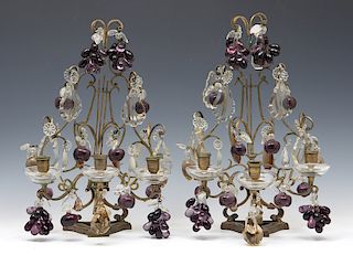 Pair of Louis XV style patinated metal & colored crystal girondoles