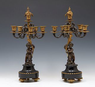 Pair of bronze multi-patinated 6 lite candelabra