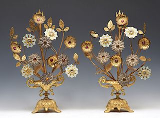 Pair of metal girandoles with decorated florets