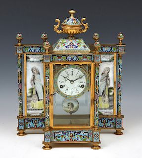 French champleve enameled brass mantle clock