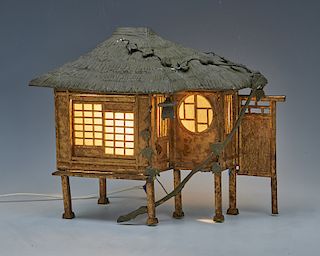 Japanese multi-patinated bronze figural tea house lamp