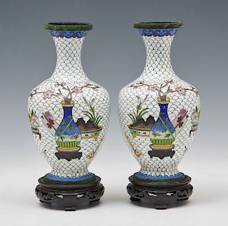 Pair of Japanese white cloisonne vases w floral decor