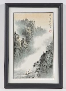 Chinese painting, Misty river with boats, signed