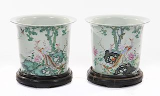 Pair of Chinese porcelain planters with phoenix birds