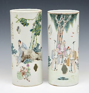 Pair of Chinese porcelain hat stands w immortal scenes