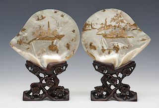 Pair of Chinese late Qing Dynasty painted shells on stands