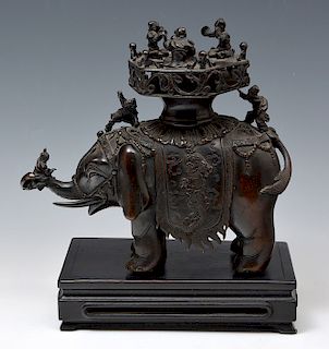Chinese bronze elephant with figures and musicians