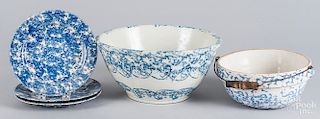 Five pieces of blue and white spongeware