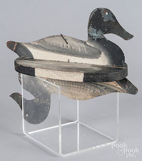 Unusual painted pine and tin bluebill duck decoy
