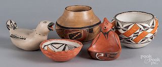 Five pieces of Native American pottery