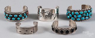 Five Native American sterling silver bracelets