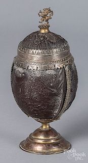 Continental carved coconut and brass chalice