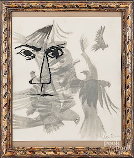 Ben Shahn lithograph of face and birds