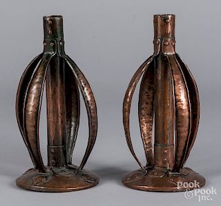 Pair of English Arts & Crafts copper candlesticks