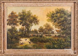 Oil on canvas landscape with cottage