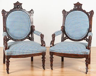 Pair of Victorian walnut armchairs