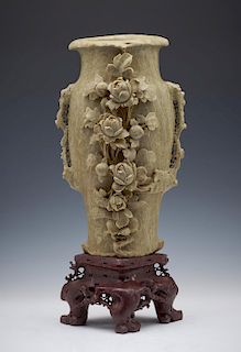 Chinese floral carved hard stone vase and stand, 23 1/2"