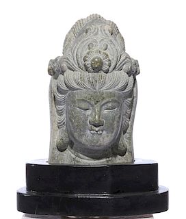 Stone Buddha head on stand, 22" t