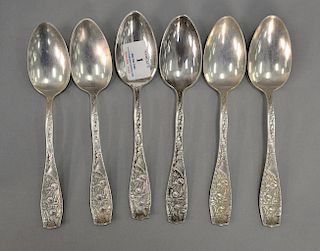 Set of six sterling silver serving spoons. lg 8in., 10.7 total troy ounces