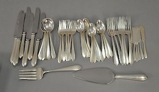 Kirk and Sons sterling silver partial flatware set to include six knives, six soup spoons, twelve teaspoons, six salad forks, six di...