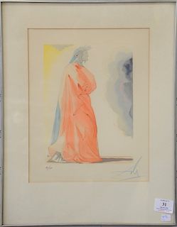 Salvador Dali,color woodcut, robed figure, signed in pencil, numbered: 41/150. 9 1/2" x 7 1/4"