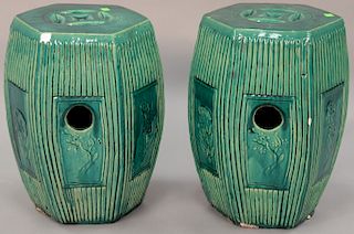 Pair of Chinese green glazed garden seats. ht. 18 1/2 in.