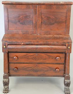 Empire mahogany secretary desk with paw feet, circa 1840. ht. 52 in., wd. 40 in.