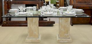 Glass top dining table with two faux painted square pedestal, and bevel edge. top: 44" x 72"