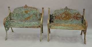Pair of Victorian style iron benches with Greek medallion back with birds and branches