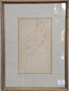 Raphael Soyer (1899-1987), drawing on woven paper, Reclining Female Nude, signed lower right: Raphael Soyer, sight size: 11 1/2" x 7".