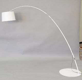 Large modern white sofa floor lamp having long arm and metal shade. ht. 92in.