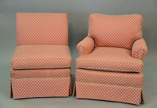 Two custom upholstered chairs to include one armchair and one armless.