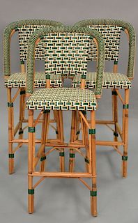 Three "Poitoux" rattan French bistro bar stools, handmade in France. seat: ht. 32in., total: ht. 48in.