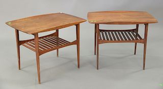 Pair of teak slotted base end tables. ht. 23in., wd. 20in., dp. 29 1/2in.