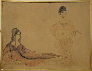 Iris Brody (20th century), ink and watercolor on parchment, Reclining Female Figure Surrendered by a Musician, signed lower right, 3...